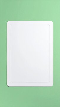 Clean white blank card with rounded corners and decorative stitching on a pastel green background isolated