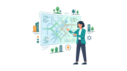 Fototapeta premium Female urban planner analyzing traffic flow on digital smart city map flat design vector illustration.
