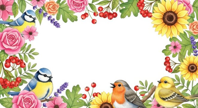 Spring floral frame with birds and Easter chicken, cute cartoon vector illustration with flowers, leaves, branches, hearts and nature border design for holiday card decoration