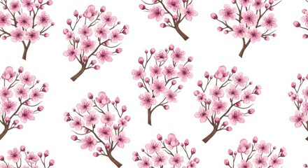 Fototapeta premium Pink Cherry Blossom Sakura in Spring Bloom on Branch Against Blue Sky in Japan, Nature Floral Garden with Blossoms, Petals and Buds in Full Beauty