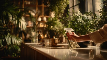 Obraz premium Woman's hand spraying plants with a cleaning solution in a well-lit room. A person is misting houseplants with a spray bottle, suggesting home care and plant maintenance