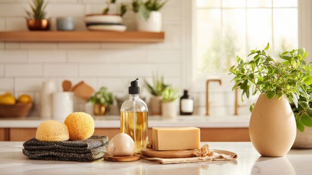 Stylish kitchen countertop with cleaning essentials and natural decor elements. A modern kitchen countertop showcases cleaning items and decorative plants for a fresh ambiance