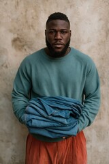 Obraz premium Serious man holding folded jeans pile for clothing catalog background and wardrobe product banner