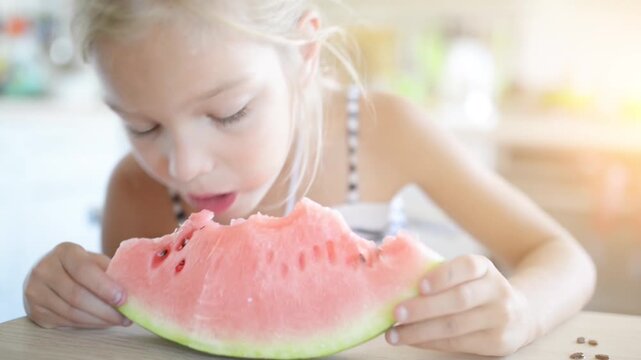 Beautiful blonde small girl eating watermelon