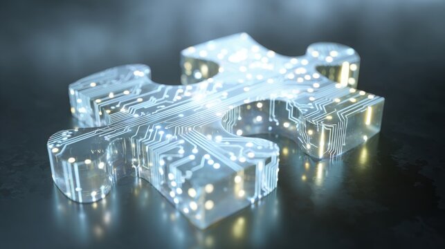 Single transparent puzzle piece filled with glowing electronic circuits and flowing data streams, artificial intelligence and problem solving
