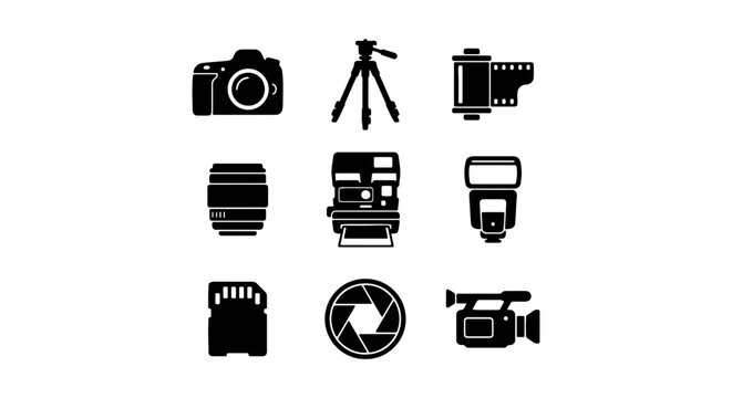 Photography Equipment Icons Set, Digital Camera, Tripod, Film Roll, Lens, Flash, SD Card, Aperture, Camcorder