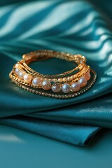 Naklejka premium Stacked gold bracelets with pearls and rhinestones on teal satin for luxury accessory display and elegant product background