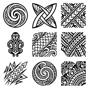 Collection of nine tribal tattoo designs and patterns.