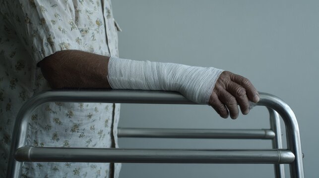 Elderly person with fractured arm in white plaster cast using metallic walker for support, showing injury recovery, healthcare assistance, rehabilitation and mobility care concept in studio setting.