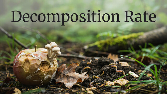 Rotten apple with mushrooms growing on it in forest floor with green grass and fallen leaves around  natural process of decomposition
