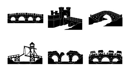 Fototapeta premium Diverse Bridge Silhouettes Collection, Architectural Styles, Engineering Marvels, Vector Art