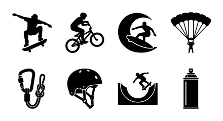Extreme Sports Icons Set: Skateboarder, BMX Rider, Surfer, Parachutist, Carabiner, Helmet, Ramp, Spray Paint © l