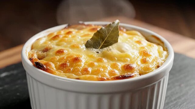 Delicious South African Bobotie With Golden Crust Served In A Classic White Ramekin Garnished With Bay Leaf and Rising Steam