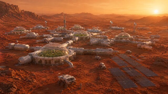 Mars colony with domed habitat structures on red planet landscape. Futuristic base for human space exploration and colonization. Development of extraterrestrial civilization scientific base.