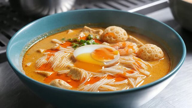 Delicious Static Shot of Singaporean Laksa Soup in a Teal Bowl Showcasing Rich Coconut Broth, Rice Noodles, Shrimp, Egg, and Fish Cakes for Culinary Media