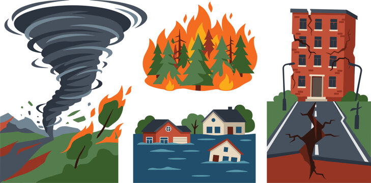 Natural disasters concept set with tornado destroying trees, forest wildfire, houses flooded in water, and building damaged by earthquake vector illustration