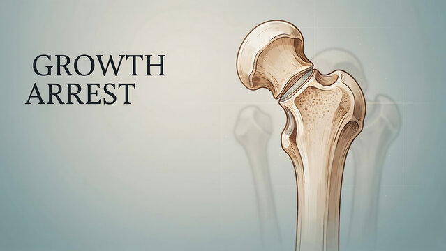 Anatomical illustration of a human femur bone with growth arrest  detailed medical image showing bone structure and development