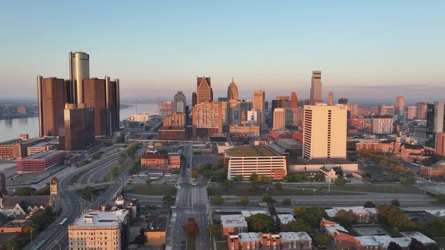 Aerial view of city skyline in Detroit downtown, USA