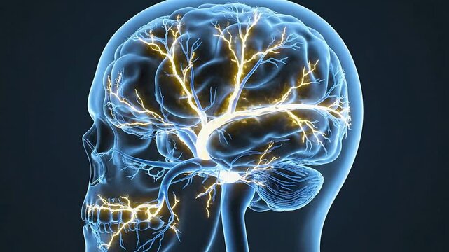 Detailed 3D Medical Animation Showcasing Human Brain Neural Pathways with Intricate Neuron Connections Against Dark Background
