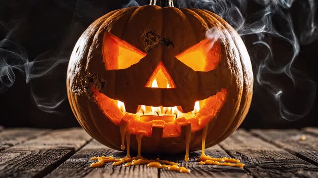 Jack o lantern displaying a spooky face with candlelight and melting wax drips on a rustic wooden surface at night.