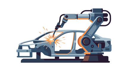 Naklejka premium Automated industrial robot arm welding car chassis for vehicle assembly flat design vector illustration.