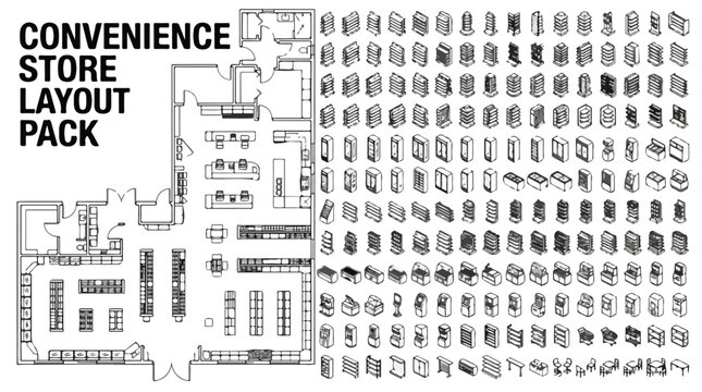 Convenience store layout pack, retail floor plan vector set, isometric grocery shop interior design elements, commercial supermarket blueprint
