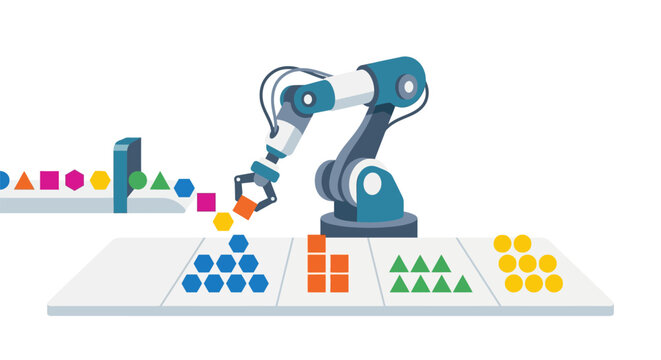 Automated industrial robot arm sorting colorful geometric shapes on production conveyor belt flat vector illustration.