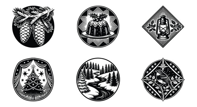 Linocut Christmas Day vector design bundle with rustic winter holiday icons of pine cones, pudding, lantern, decorated tree, snowy forest river, and bird silhouettes.