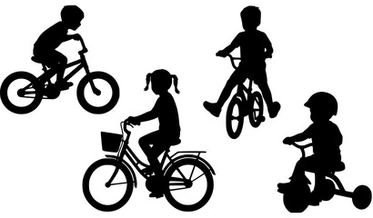 Obraz premium Children Riding Bicycles and Tricycles Silhouette Icon Set Representing Active Childhood Play Kids Outdoor Sports and Healthy Lifestyle Graphic Designs