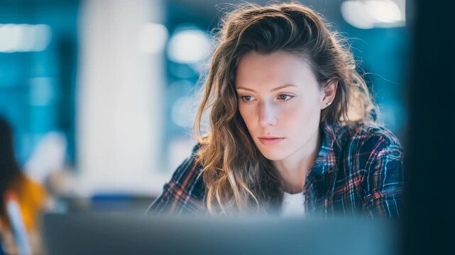 A professional woman with wavy hair is intently using her laptop in a contemporary workspace, surrounded by a blurred background. The atmosphere conveys dedication, focus, and modern work culture