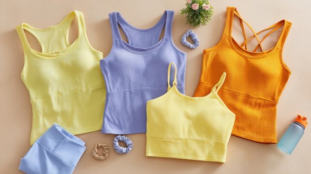 Vibrant athletic wear collection for women's fitness and active lifestyles. A curated selection of colorful ribbed tank tops, sports bras, leggings for active women, complemented by hair accessories