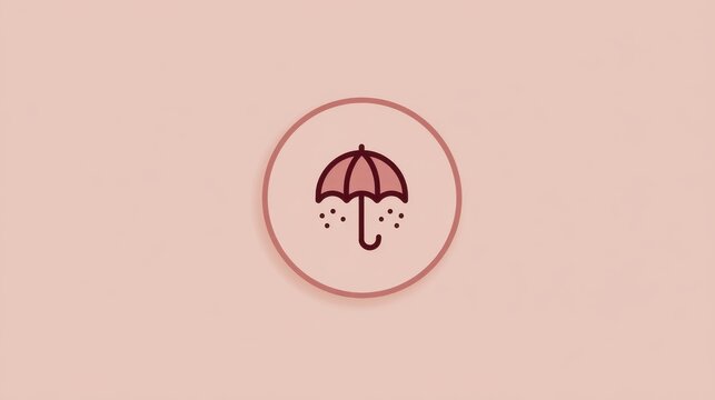 Simple icon of an umbrella protecting from falling particles on soft pink background. Minimalist graphic featuring umbrella symbol with small dots falling around it, set against muted pastel backdrop