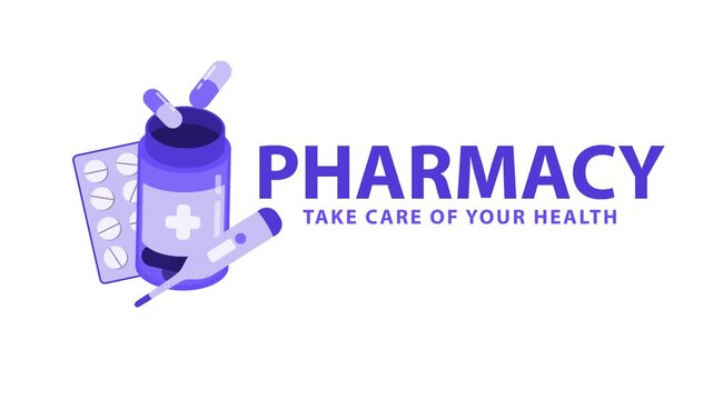 Pharmacy and Medical Care Sign, Medicine with Pills and Thermometer Illustration Animation