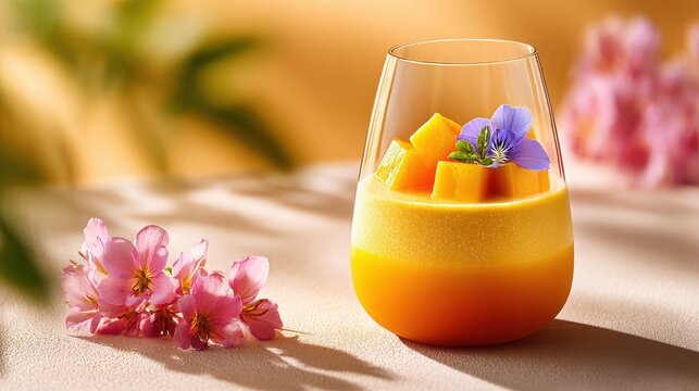 Delicate mango mousse dessert topped with fresh fruit and edible flowers. A refreshing mango dessert served in a glass, garnished with diced mango and a vibrant purple flower, evoking sense of summer