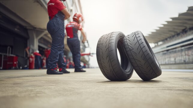 Racing tires ready for action in the pit lane with crew in background. Two racing tires are prominently displayed in the foreground, with blurred pit crew and track infrastructure visible behind them