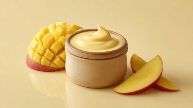 Delicious Mango Cream Dessert in Rustic Pot Fresh Fruit Slices. Creamy mango dessert on ceramic pot, accompanied by perfectly sliced fresh mangoes, evoking sense of homemade goodness tropical flavor