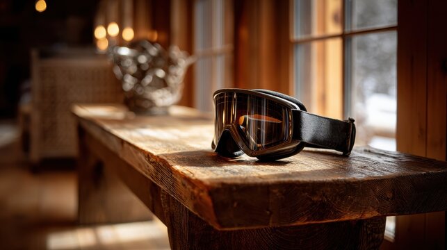 Ski goggles resting on a rustic wooden table near window. A pair of black ski goggles with reflective lenses sits on weathered wooden surface, with blurred background of cozy interior snowy outdoors