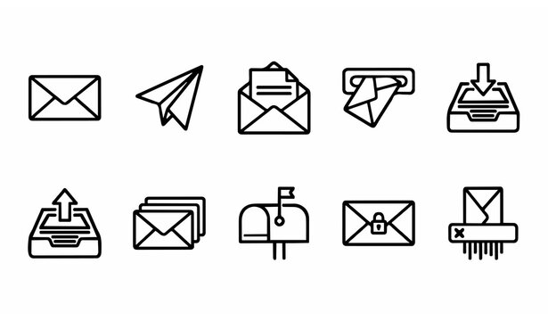 Email and Mail Communication Line Icon Set Featuring Envelope Paper Airplane Inbox Outbox Mailbox and Shredder for Digital Web Interface Graphic Designs