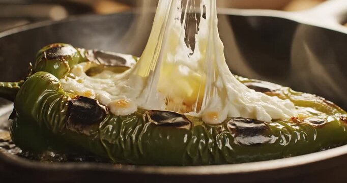 Poblano pepper being melted cheese.