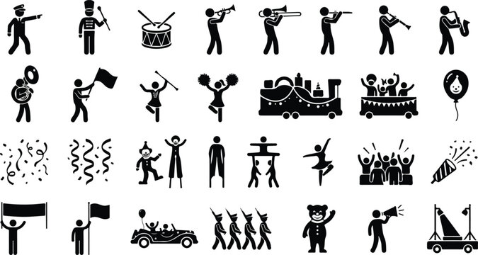 Parade and festival marching band performer icons set
