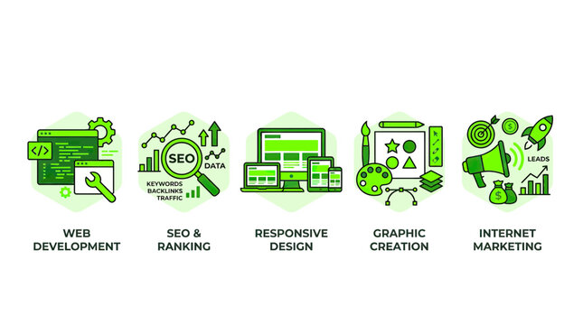 Web Development, SEO, Responsive Design, Graphic Creation, Internet Marketing Icons
