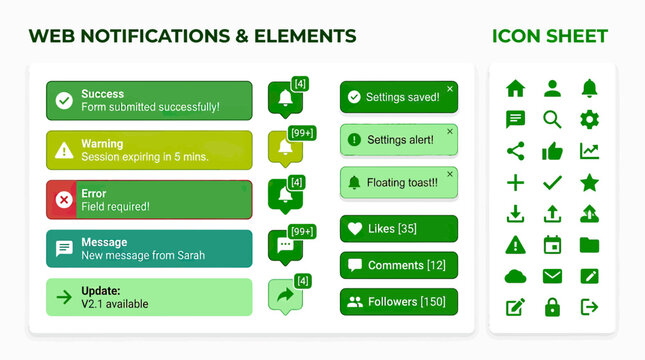 Web Notifications & Elements Icon Sheet: Success, Warning, Error, Message, Update