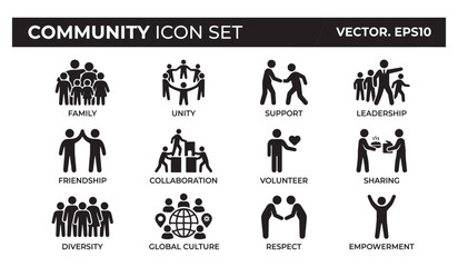 Fototapeta premium Community Icon Set Vector Black and White Isolated on White Background