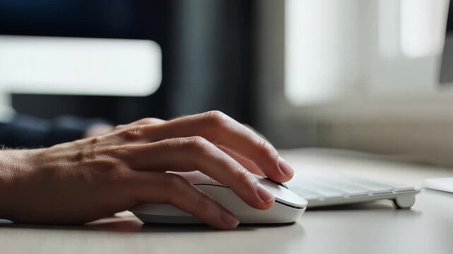 Close up of a hand using a wireless computer mouse on a wooden desk with keyboard in background