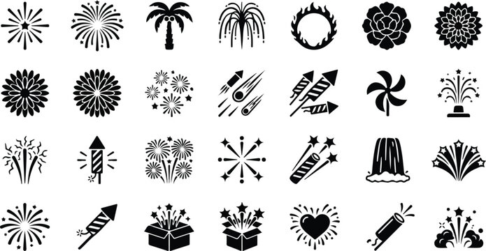 Black silhouette fireworks and pyrotechnics celebration icon set