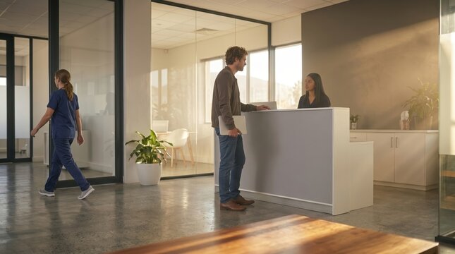 Young man checking in at modern medical clinic reception desk. Concept of healthcare access, patient registration, medical appointments and outpatient services.