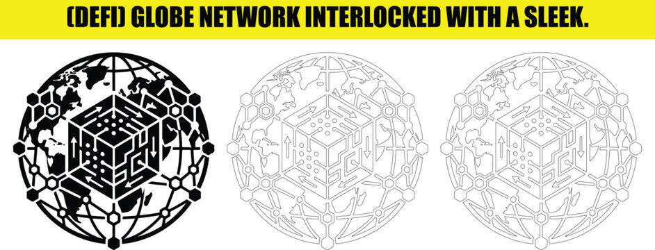 Defi globe network interlocking with sleek interconnected circuits and hexagons.