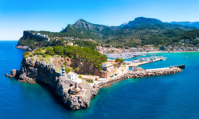 Naklejka premium Panorama of city in Mallorca - Port de Soller with nice beach, Spain