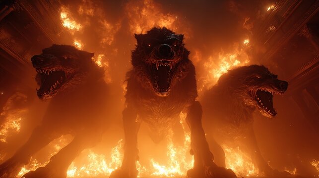 Cerberus the three-headed hellhound guarding the gates of the underworld, surrounded by flames and darkness