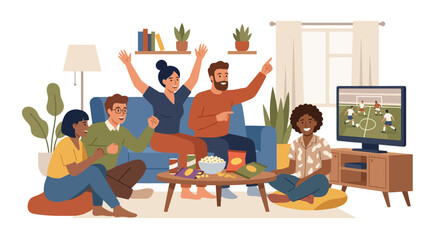Fototapeta premium Diverse group of friends watching soccer match and cheering during a home watch party flat design vector illustration